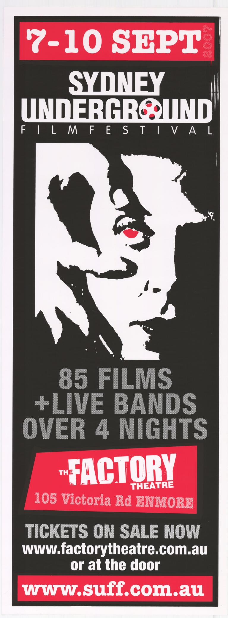 Poster for the Sydney Underground Film Festival, 2007. Showing an illustration of a hand holding someone's eye wide open.