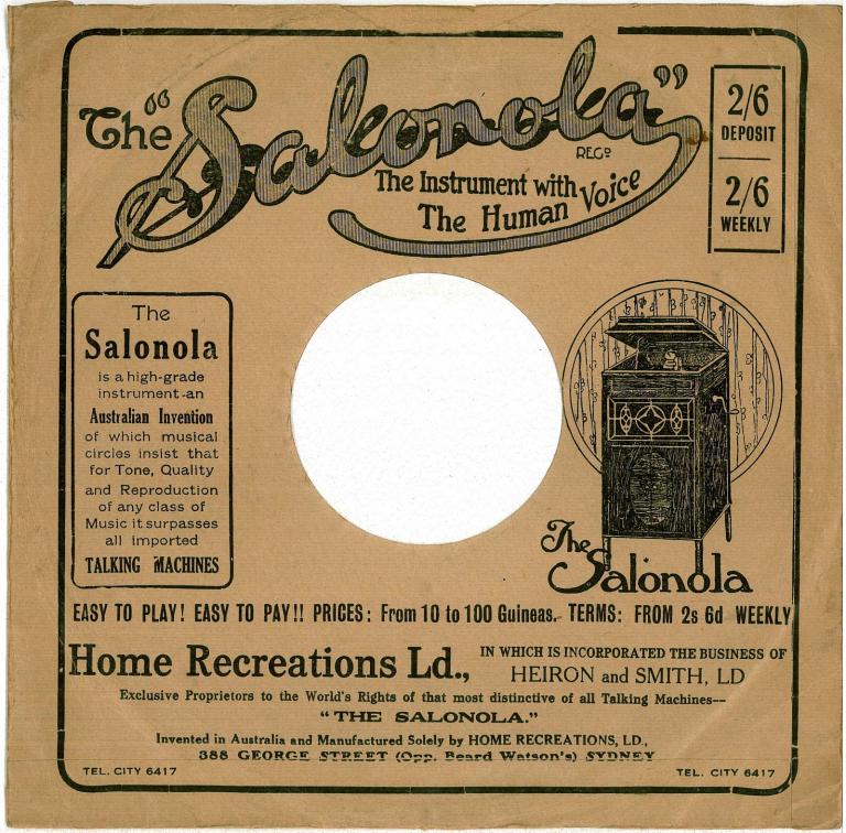 Brown sleeve featuring an illustration of 'The Salonola' record player, dubbed 'the instrument with the human voice'.