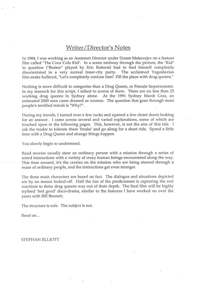Writer/Director notes on The Adventures of Priscilla, Queen of the Desert from Stephan Elliott