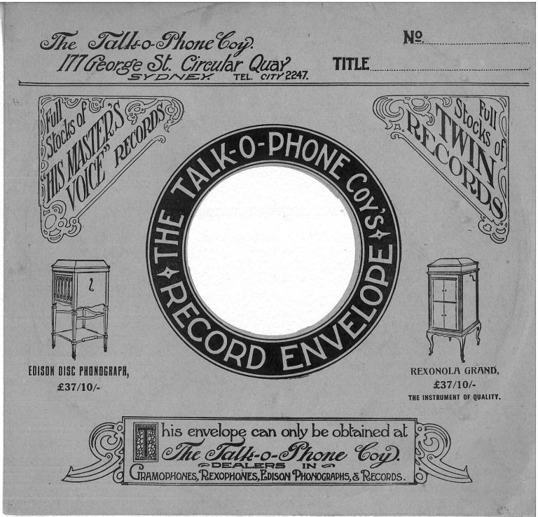 Record sleeve for The Talk-o-Phone Coy, Sydney, featuring illustrations of the Edison disc phonograph, and the Rexonola grand.