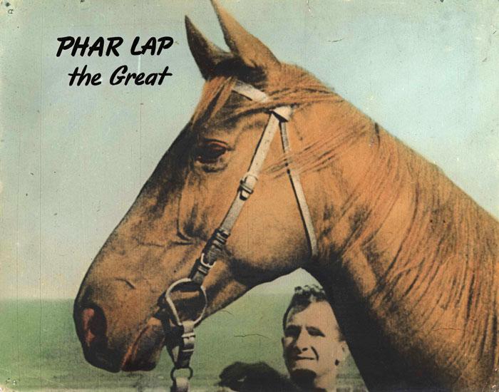 Phar Lap and his mate Tommy Woodcock Racehorse Phar Lap poses side-on for his portrait with his trainer Tommy Woodcock standing near by. The text reads 'Phar Lap the Great'.