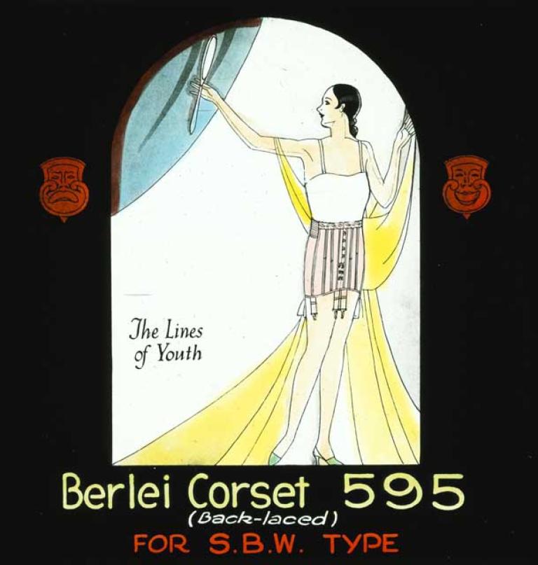 The lines of youth Hand-coloured glass slide image of a woman in a foundation garment. It has art deco imagery including an arched border and line work.