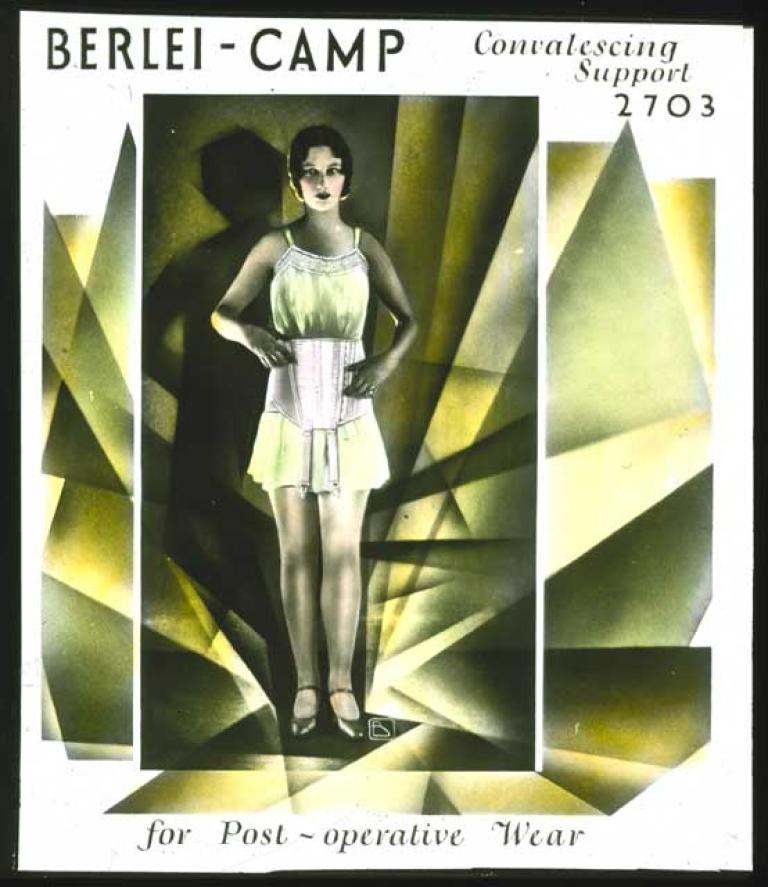 A glass slide illustration of the Berlei-Camp convalescing support 2703. A woman is wearing the garment. The glass slide is hand-coloured.