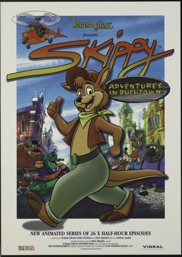 Poster with cartoon image of Skippy and other animals against a cityscape and helicopter. Poster with cartoon image of Skippy and other animals against a cityscape and helicopter.