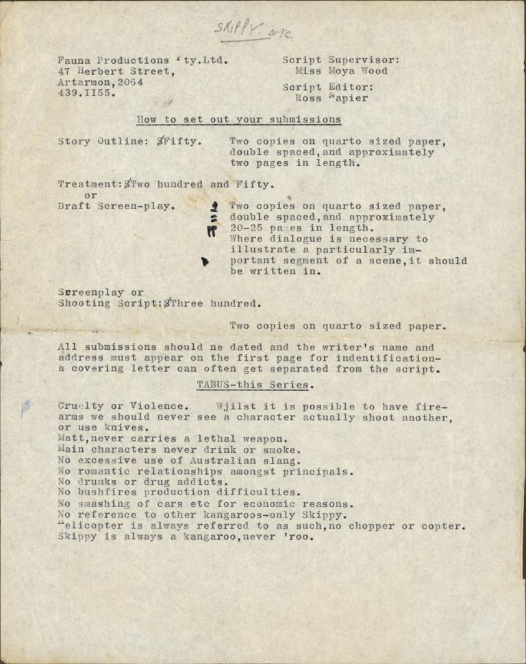 Document describing how scriptwriters should set out their submissions for writing for an episode of Skippy.
