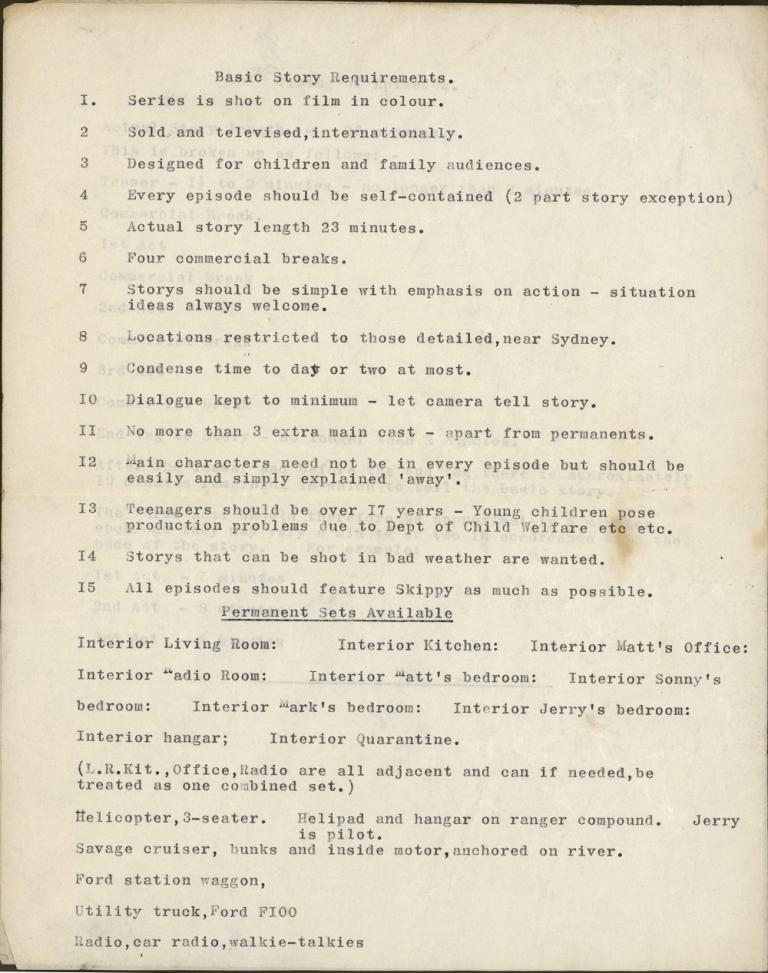 Document describing what scriptwriters should consider when writing for an episode of Skippy.