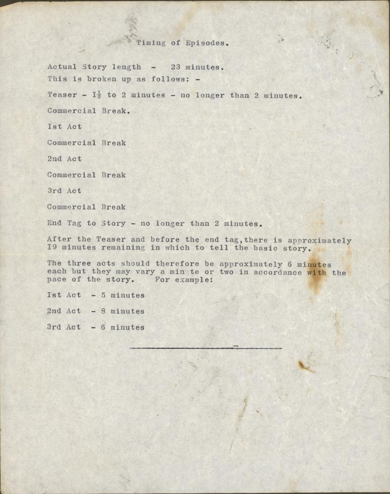 Document setting out the timing of each episode with commercial breaks.