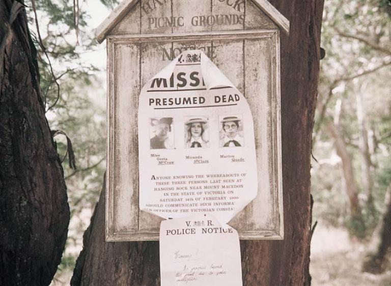 Noticeboard with notice declaring the girls 'Missing, presumed dead'