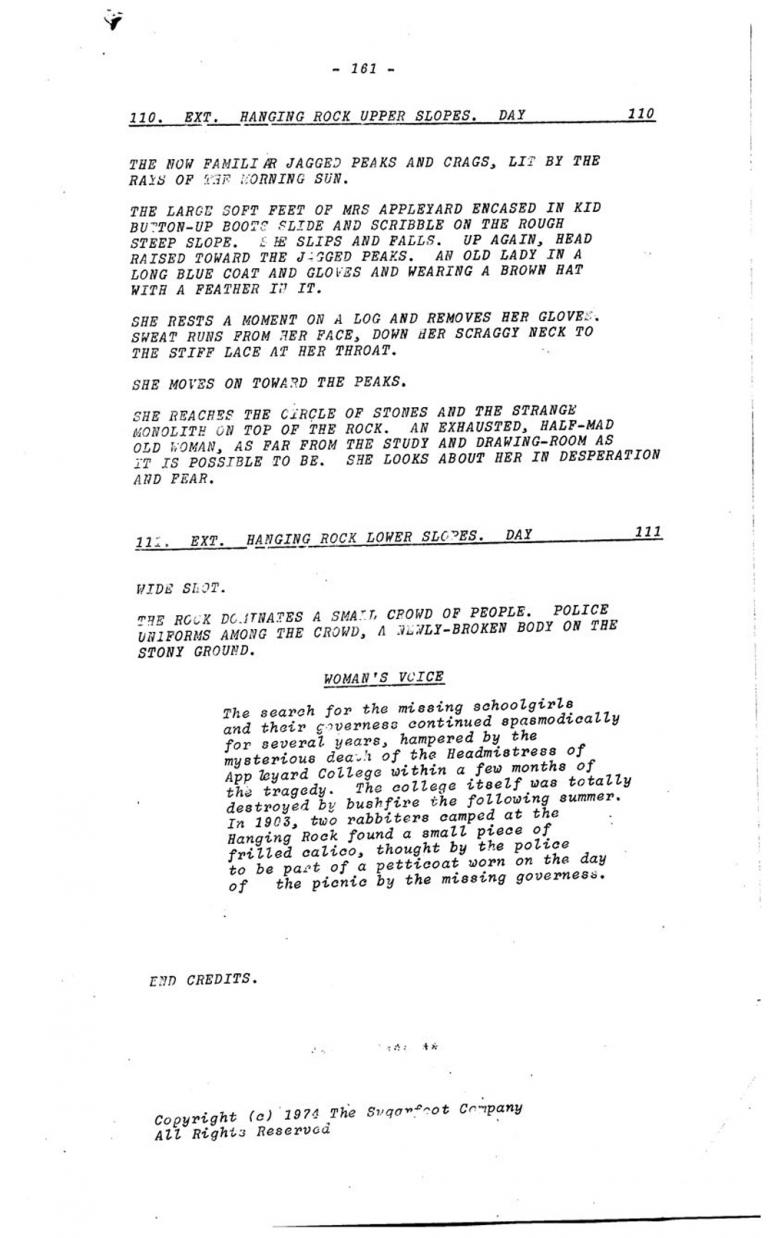 Script page showing the original ending for 'Picnic at Hanging Rock'