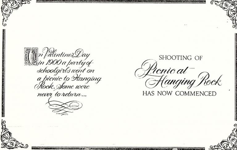 Printed card announcing that shooting of 'Picnic at Hanging Rock' has commenced