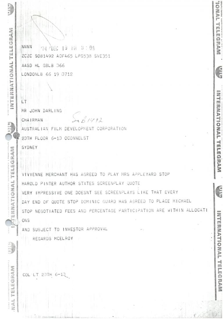 Telegram 1974 telegram with Harold Pinter’s reaction to the script