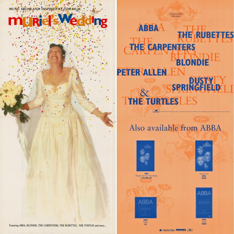 Muriel's Wedding poster US release Two-sided Muriel's Wedding poster for US release, front shows Muriel in her wedding dress and the back highlights the movie soundtrack.