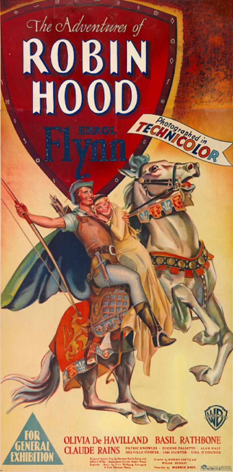 Brilliantly coloured three sheet poster with Errol Flyn as Robin Hood on a horse with Olivia de Havilland as Maid Marion.