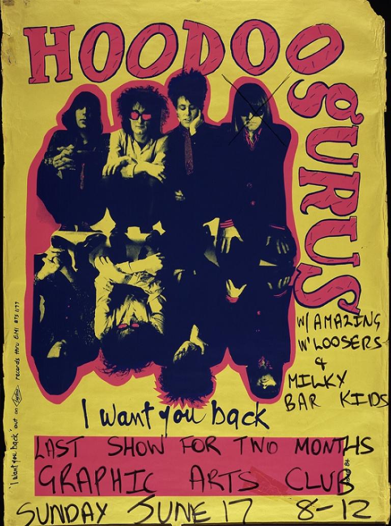Poster for the rock band the Hoodoo Gurus showing the band members and performance date.