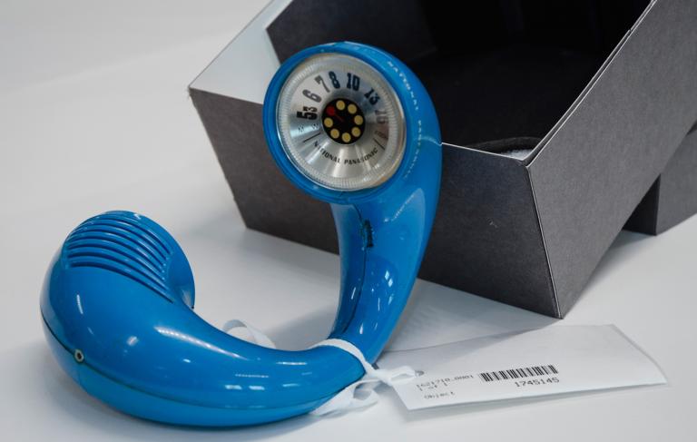 Bright blue futuristic style radio from the late 1960s.