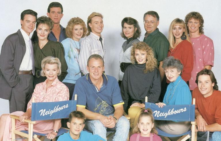Publicity image featuring the cast of the TV show Neighbours from 1989. 