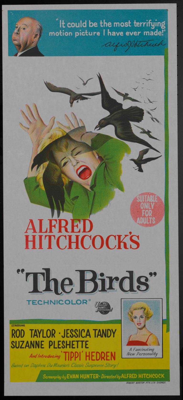 Movie poster for The Birds sowing a woman screaming with black birds circling above her head.