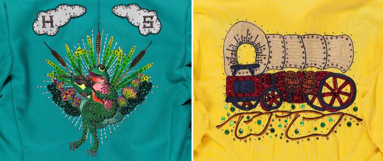 Back of green jacket and yellow shirt worn as part of a film costume. The jacket has an embroidered frog playing a violin and the initials H and S on it and the yellow jacket has a western-style wagon on the back.