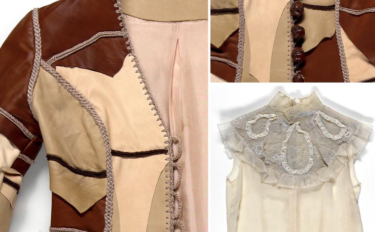 Close up shots of a patchwork leather coat and cream-coloured lace blouse.