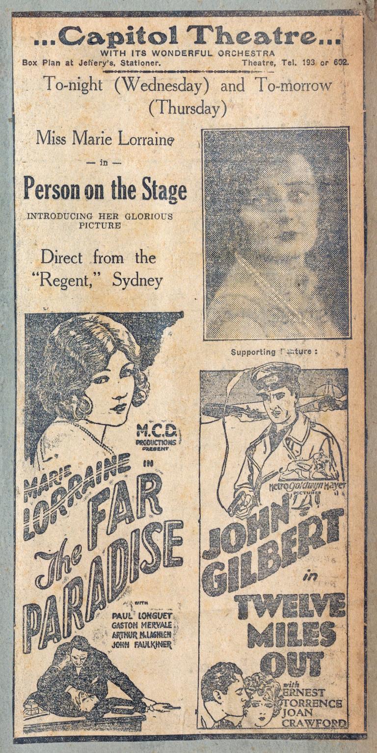 Page from an old scrapbook showing newspaper advertisements for a movie theatre from the 1920s.