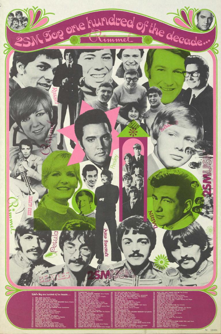 A poster for 2SM radio station featuring a list of 100 songs below a collage of famous faces including Elvis Presley, The Beatles and John Farnham.