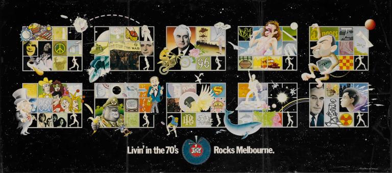 A radio poster for 3XY radio depicting famous faces and events from the 1970s.