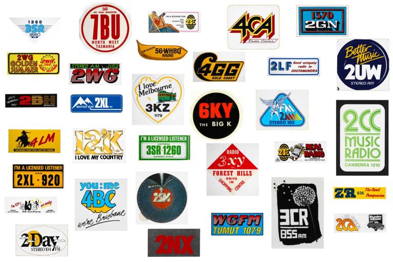 A collage of promotional logos for various Australian radio stations from the 1960s, 70s and 80s.