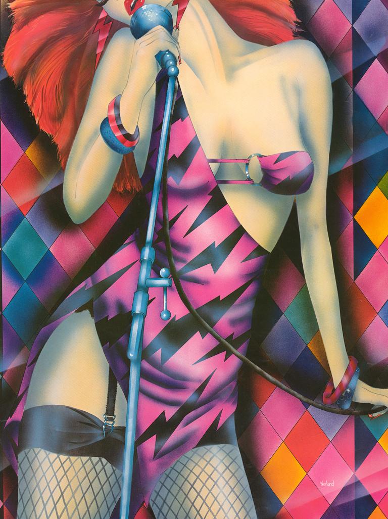 Poster showing a drawing of a female figure wearing lingerie and standing in front of a microphone