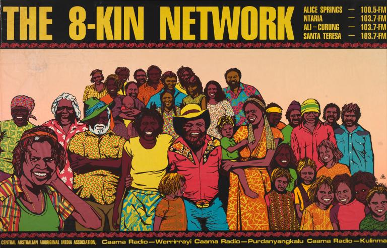 An illustration of a large group of smiling First Nations men, women and children.