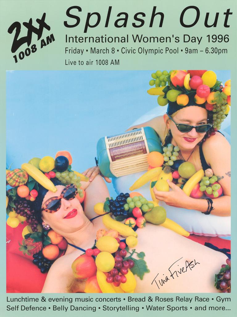 A radio event poster featuring two women lying on floaties in a swimming pool. One holds up a radio while both are wearing sunglasses and fruit headpieces while also holding bunches of colourful tropical fruits.