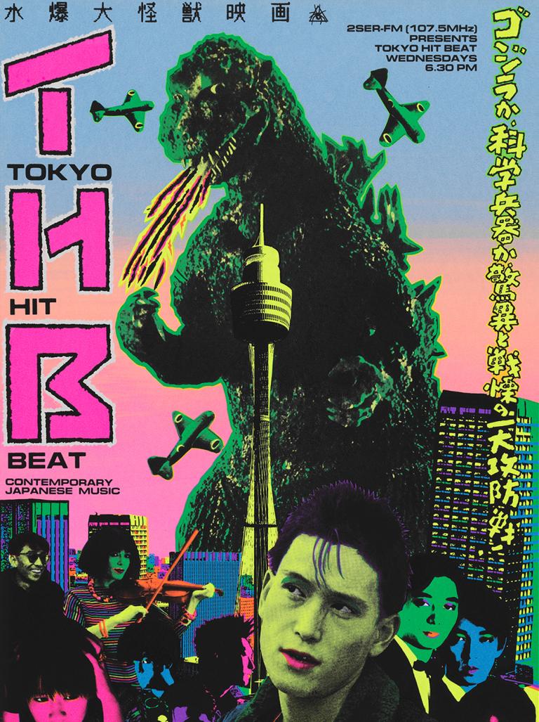 A poster for radio show Tokyo Beat featuring an illustration of dinosaur-like Godzilla monster rampaging through a city, as well as images of Japanese people with their faces tinted bright colours to match the poster design