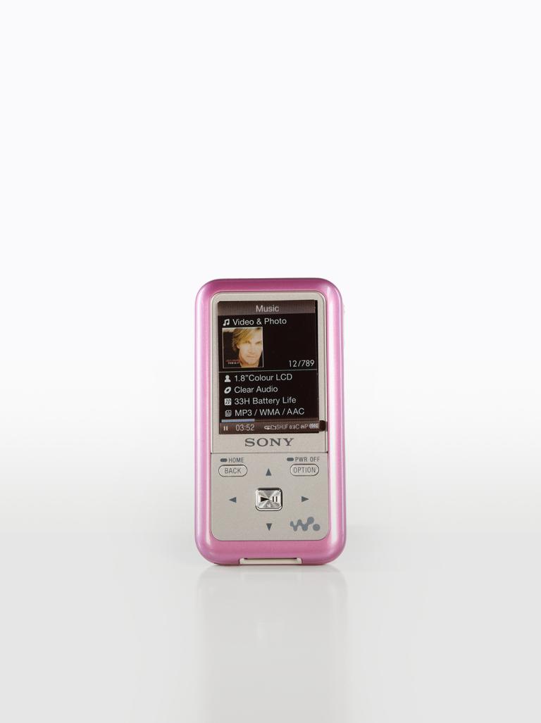 A Sony brand digital music player in a pink casing.