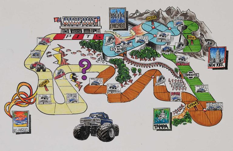 Artwork for a video game showing drawings of a map and a monster truck.