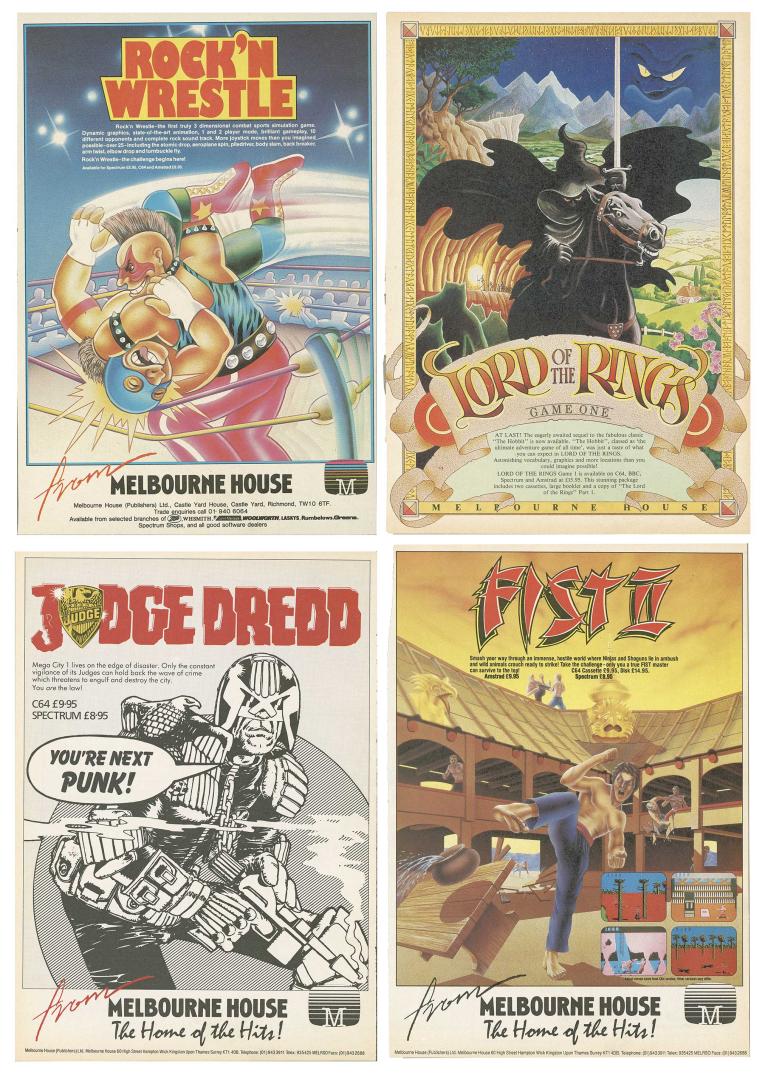 A group of four pages from magazines showing advertising for various video games from the 1980s.