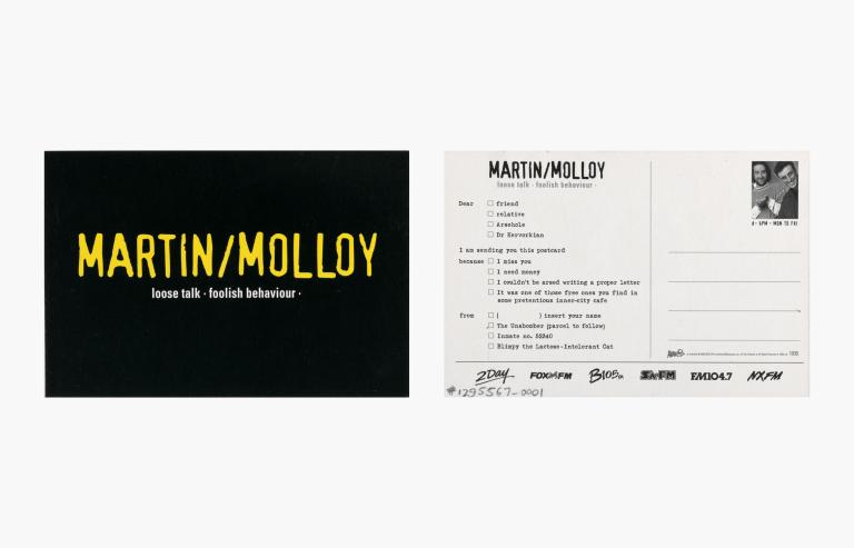 The front and back of a postcard for the Martin/Molloy radio show