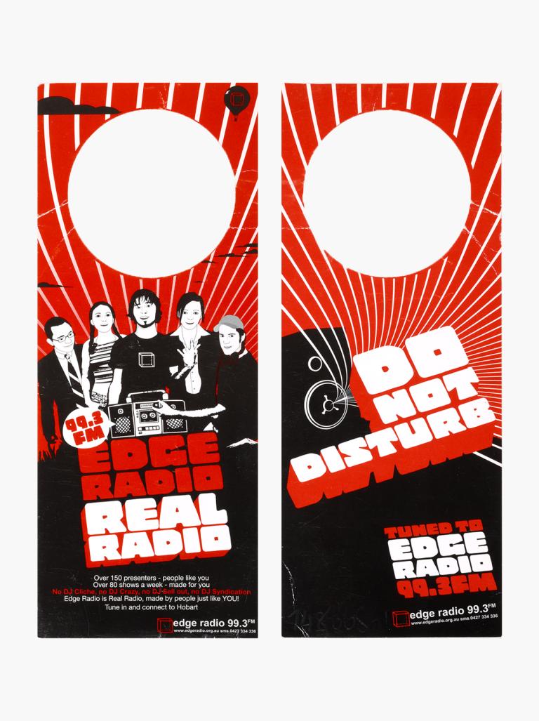 A door knob hanger for Edge Radio with a logo and images of radio DJs on one side and the words DO NOT DISTURB on the other side. 