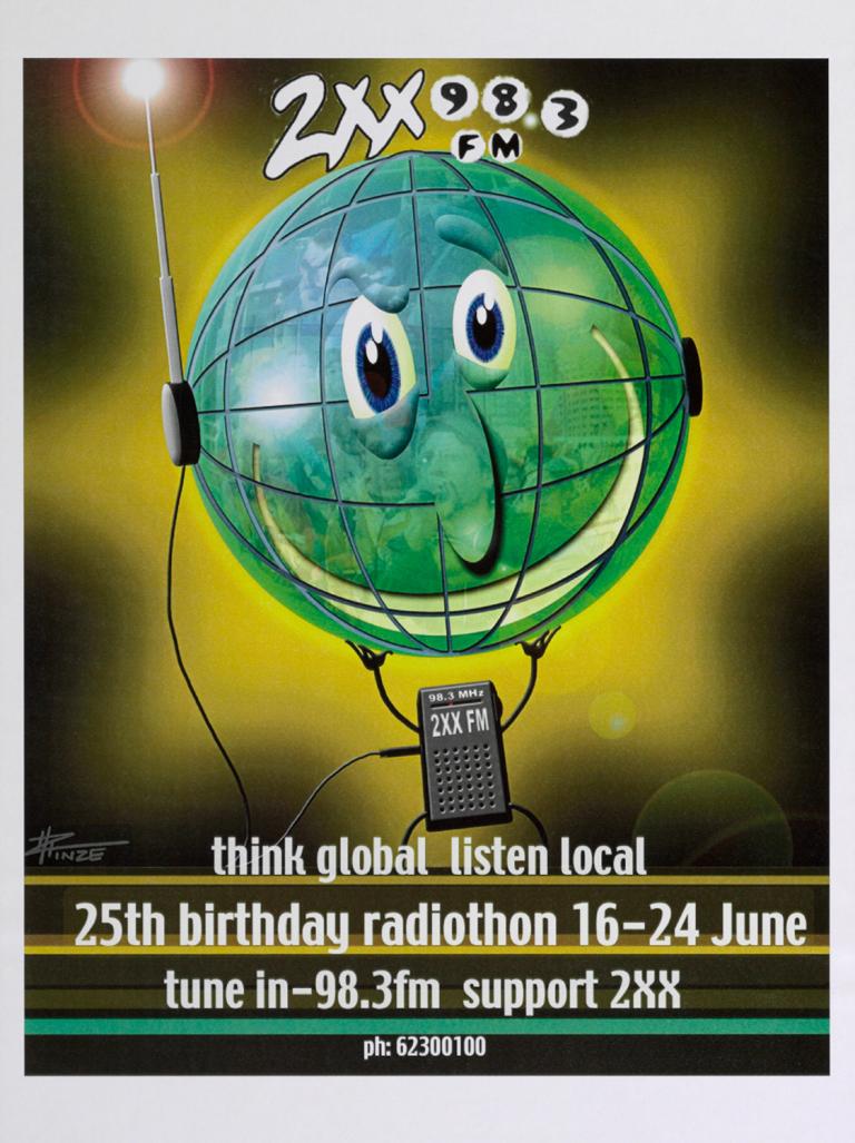 Poster for a 'radiothon' showing a cartoon of a globe with facial features being held up by a transistor radio with arms