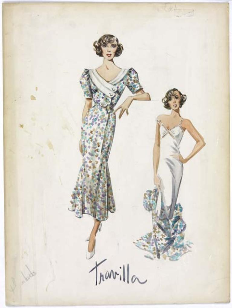Costume sketches of a short-sleeve, floral wrap dress and a white slip.