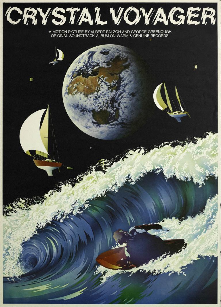 A poster for the film Crystal Voyager. In the background is an image of the earth and in the foreground is a wave with a surfer. 