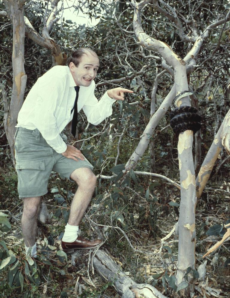 A photo of Garry McDonald in among foliage. He points towards a tree with a comical grin on his face. 