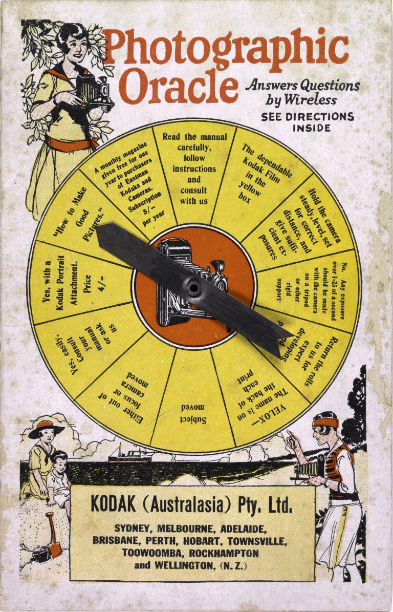 A photo of a game where you spin an arrow and it lands on one of 12 options with a predetermined answer. The arrow is black on a yellow disc. The words Photographic Oracle is seen above 
