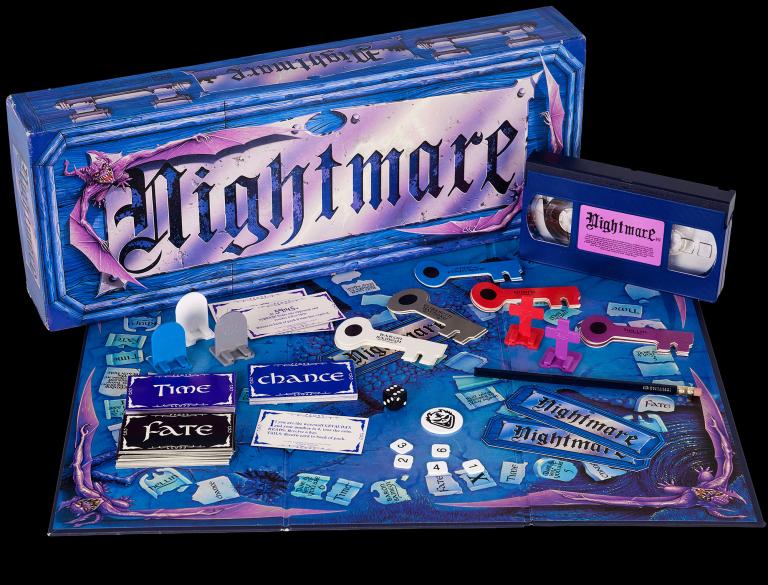 A photo of the board game Nightmare. It is shades of blue and you can see the contents of the game including a key token pieces, a VHS and different decks of cards.