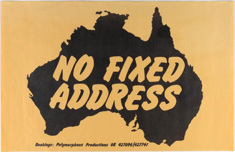 A photo of the Poster for the band 'No Fixed Address'. Their name is written in yellow on a silhouette of Australia. 