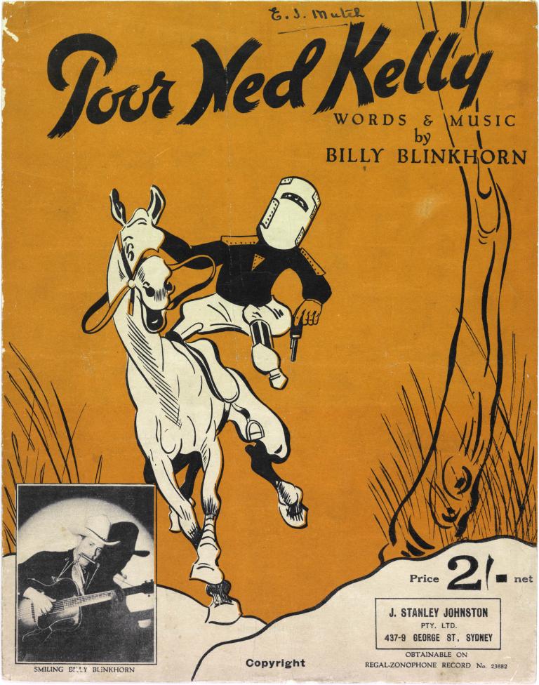 A photo of the front cover of a sheet music document for the song 'Poor Ned Kelly'.