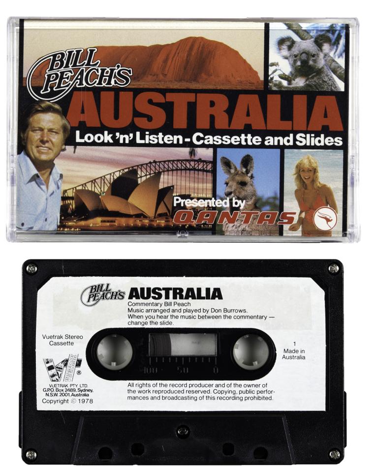 Cassette of Bill Peach’s Australia with illustrated cover showing Uluru, kangaroo, koala, and Sydney Opera House