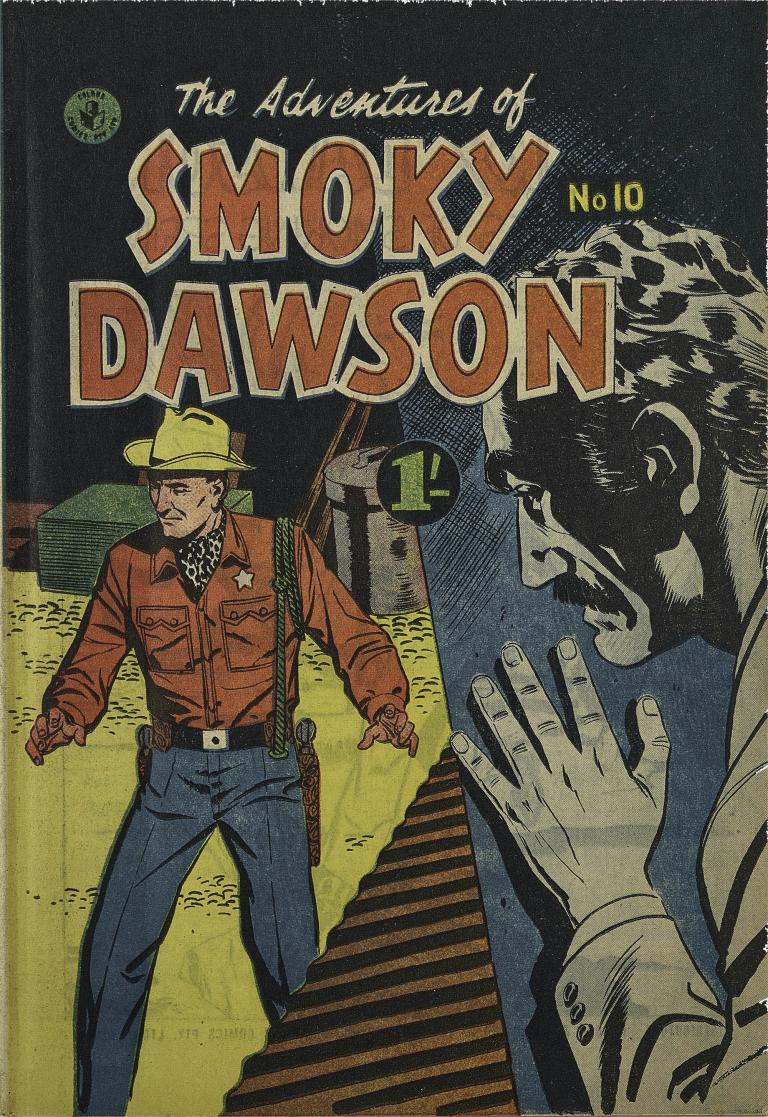 Cover of 'The Adventures of Smoky Dawson' comic issue 10 featuring a cowboy and shadowy figure