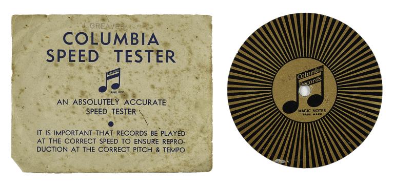 Vintage Columbia speed tester for gramophones shown next to its cover, which reads: 'Columbia Speed Tester – An Absolutely Accurate Speed Tester'