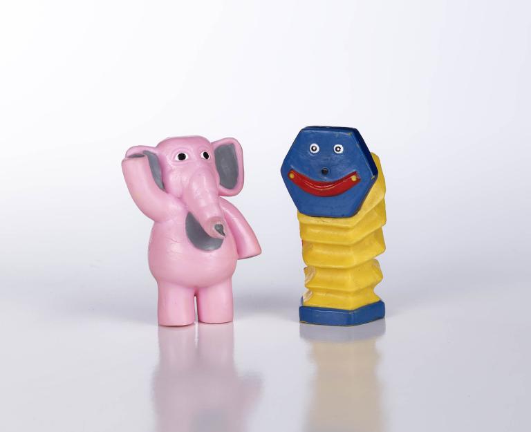 Pink elephant and yellow accordion character from 1992 Australian children's show Johnson and Friends