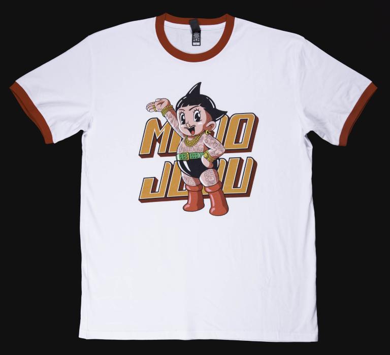 White t-shirt featuring a design of Astro Boy with text 'Mojo Juju' in bold letters