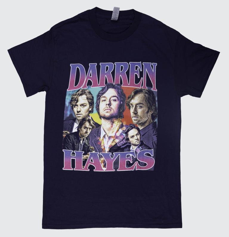 Black T-shirt featuring multiple images of a male musician with the name Darren Hayes printed above and below